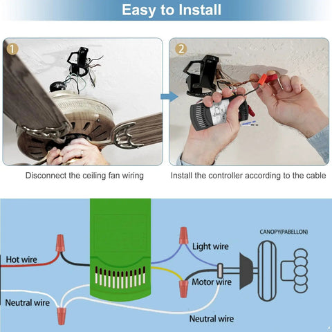 Universal Ceiling Fan Remote Control Kit with 3 speed settings and light dimmer, install guide with wiring diagram and ceiling fan.