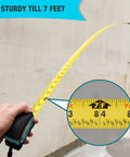 Magnetic Tape Measure 25 Ft With Fractions 1/8 Inch, showcasing extended tape with easy read measurements and sturdy design till 7 feet.