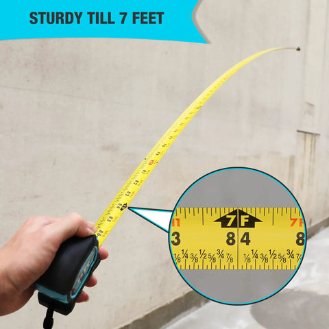 Magnetic Tape Measure 25 Ft With Fractions 1/8 Inch, showcasing extended tape with easy read measurements and sturdy design till 7 feet.