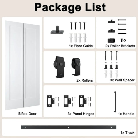 Package list for 36 By 84 Inch Bifold Barn Door Single Panel Primed White including hardware and installation parts.