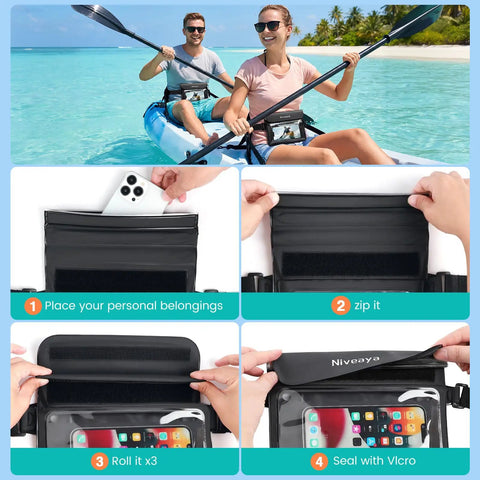 Couple kayaking with visible IPX8 Waterproof Fanny Pack Duo Dry Bag, inserting phone, zipping, rolling, and sealing instructions, 2 Pack.