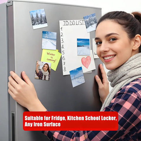 Woman using DIY Photo Fridge Magnet Supplies Kit, Square Magnetic Maker Set on fridge, holding personalized photo magnets.