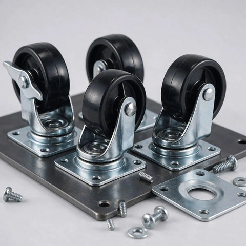 Four Pack Heavy Duty Flat Top Plate Caster Wheels With Dual Swivel And Double Wheel Brakes showing black poly tires on a metal plate.