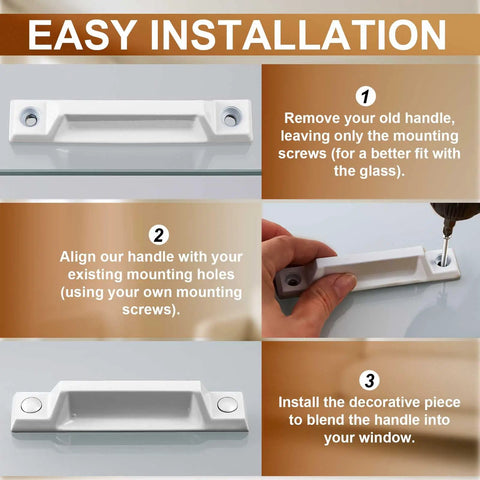 No Fuss 4 Pack Window Sash Lift Handles For Double Hung Frames Heavy Duty Die Cast Zinc Construction Smooth Everyday Grip White Replacement Hardware 3-5/16 Inch Kit Rock Solid installation instructions with numbered steps.