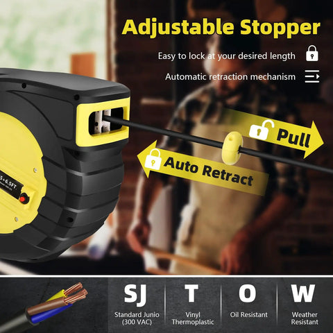 65 Ft Retractable Extension Cord Reel With 3 Grounded Outlets, adjustable stopper, heavy duty 14 AWG SJTOW cable detail