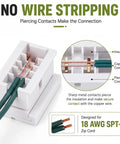 Close-up of a SPT-1 vampire plug showing wire connections, 18 AWG, designed for Christmas light wiring.