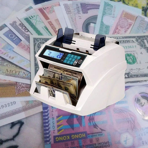 Top Shelf High Speed Cash Counter For Handling Bulk Greenback Rolls With Ultraviolet Magnetic Infrared Counterfeit Detection Multi Currency Tally Validator And Sorter displaying cash bills and a digital screen.