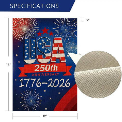 250th Anniversary USA Garden Flag Outdoor Double Sided Fireworks Design 1776 2026 All American Patriotic Yard Decor 12x18 Inch Waterproof Burlap Flag For Outdoor Use And Holiday Celebrations with material close-up