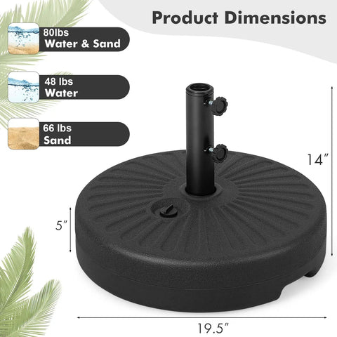 Beefy Fillable Umbrella Base Stand, 80 lb HDPE, fits 1.5-1.9 inch poles, water or sand fillable, dimensions 19.5x14x5 inches