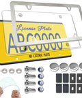 All In One License Plate Frame Cover Kit With Clear Flat Plate Cover And Stainless Steel Tag Holder Unbreakable Shield For Standard US Plates Includes Mount Screws And Chrome Caps Front Or Rear Use shown with components