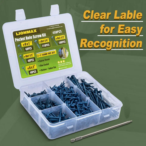 Pocket Hole Screws Kit 450 Pieces In 5 Sizes For Exterior Projects Blue Anti Rust Coated Square Drive in plastic case