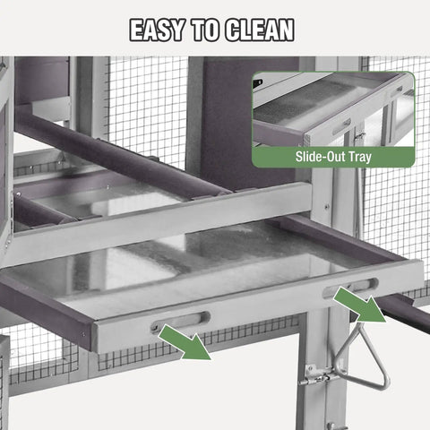 Close-up of slide-out tray in outdoor waterproof chicken coop with run two level wooden hen house with asphalt roof easy clean