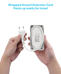 Top Shelf Universal Travel Plug Adapter With Six Ac Outlets And Four Usb Ports Including Two Usbc Fast Chargers And A Neatly Wrapped Three Foot Cord For Easy Packing And No Stress Global Travel, close-up view with extension cord neatly wrapped.