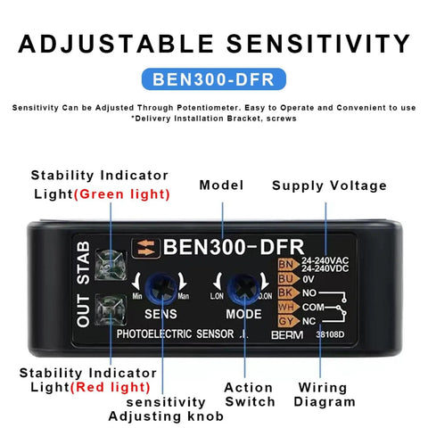 Diffuse Retro Reflective Through Beam Photo Sensor BEN300-DFR control panel view with adjustable sensitivity settings.