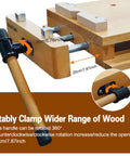 Portable Workbench With Sturdy Beech Vise Includes Wood Clamp Four Bench Dogs And Two Clips Extendable Sides For Solid Garage Studio Setup Ideal Woodworking Table Vice Tools For No Fuss Quick And Easy Projects showing close-up of vise dimensions and handle rotation.