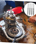 Mechanic using Pro Grade 4-Piece Pin Punch Set for Watch and Jewelry Repair with visible stainless steel tools on workbench.