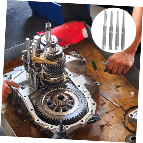 Mechanic using Pro Grade 4-Piece Pin Punch Set for Watch and Jewelry Repair with visible stainless steel tools on workbench.