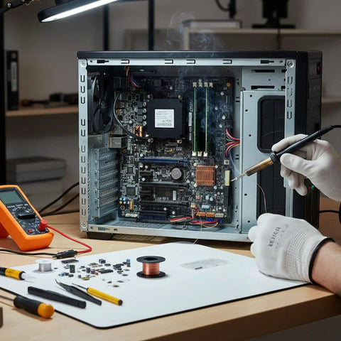 Technician using Two Pack 0.1mm Enameled Copper Solder Wire for PCB and Cell Phone Motherboard Repair High Conductivity Soldering Wire for Laptop Electronics Direct Welding Precision Ideal for SMD and Through Hole Work on an open computer case.