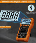 6000 Counts Digital Multimeter With TRMS Auto Range Backlit Display 750V AC DC 20A, clear 3.5" display, CAT III 600V, orange body.