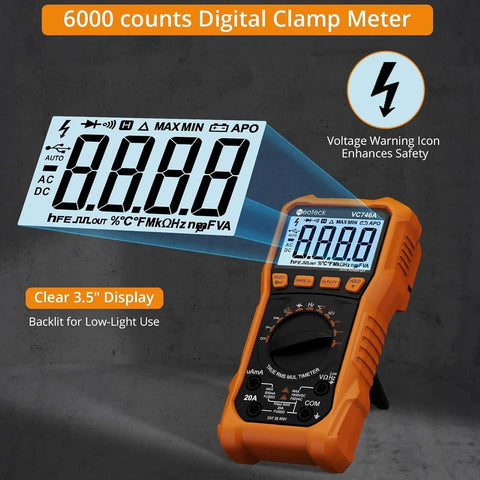 6000 Counts Digital Multimeter With TRMS Auto Range Backlit Display 750V AC DC 20A, clear 3.5" display, CAT III 600V, orange body.