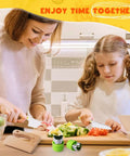 Doiaz Kidz Safe Knife Set for Toddlerz by Amazon; green toddler-safe knives with cutting board in kitchen.