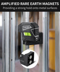 Three Dot Green Beam Laser Level With Self Leveling Plumb Up And Down Magnetic Base 131 Foot Range Includes 2 AA Batteries And Carry Pouch showing rare earth magnetic base on metal studs