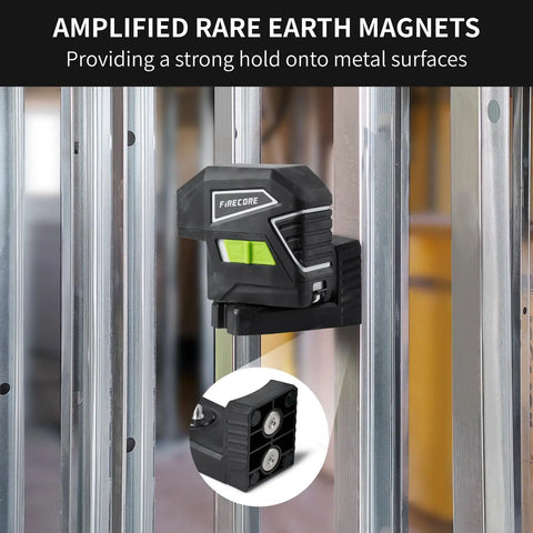 Three Dot Green Beam Laser Level With Self Leveling Plumb Up And Down Magnetic Base 131 Foot Range Includes 2 AA Batteries And Carry Pouch showing rare earth magnetic base on metal studs