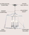 Chrome 4-Light Lantern Pendant Light, Adjustable LED Ceiling Fixture for Kitchen Island, Foyer, Entryway and Dining Room, ETL Listed