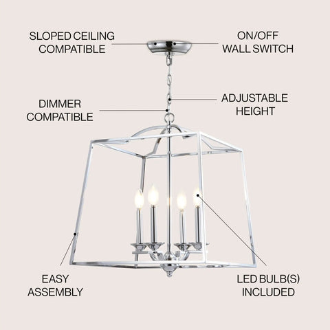 Chrome 4-Light Lantern Pendant Light, Adjustable LED Ceiling Fixture for Kitchen Island, Foyer, Entryway and Dining Room, ETL Listed