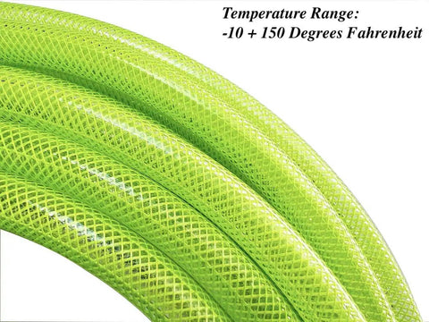 Close-up of green reinforced Polyurethane 3/8 Inch ID Air Hose, 100 Ft, 300 PSI, showing texture and temperature range limits.