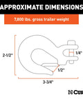 Heavy Duty 7800 Lbs Clevis Slip Hook With Safety Latch For Towing Chains dimensions illustration showing sizes.
