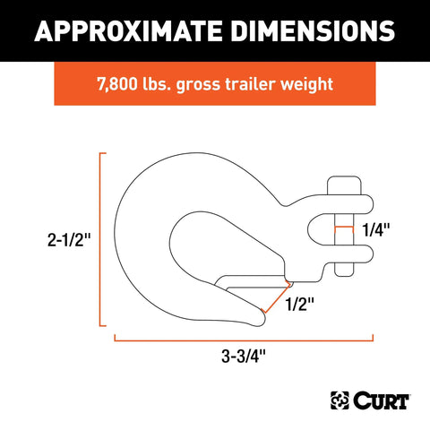 Heavy Duty 7800 Lbs Clevis Slip Hook With Safety Latch For Towing Chains dimensions illustration showing sizes.
