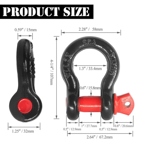Two Pack 1/2 Inch D Ring Shackles With 5/8 Inch Screw Pins For Tow Straps, Winches, And Off Road Recovery, Heavy Duty Steel, product dimensions