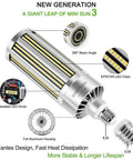 Diagram showing No Fuss 100W Corn LED Bulb for Commercial Lighting, fanless design, 12,000 lumens, 360° beam, E26/E39 base