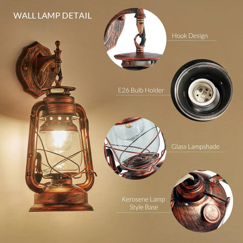 Rustic Wall Sconce Lantern With Glass Lampshade, Warm Red Bronze Iron Fixture For Hallways, Farmhouse Loft Decor, Old Fashion Lantern Style Wall Light That Creates Cozy Ambience And Romantic Glow