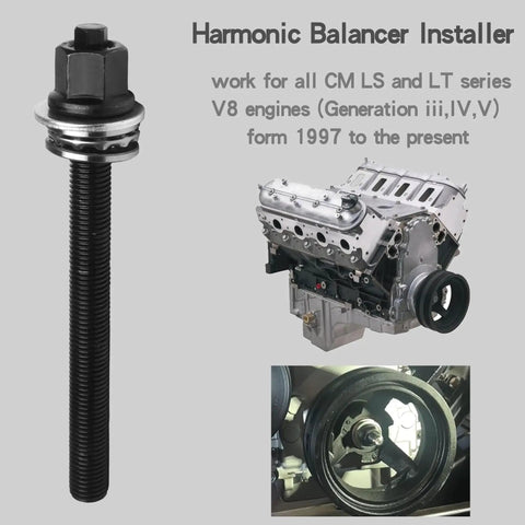 Crank Pulley Puller And Harmonic Balancer Kit For GM LS LT V8 Engines next to engine and pulley mechanism