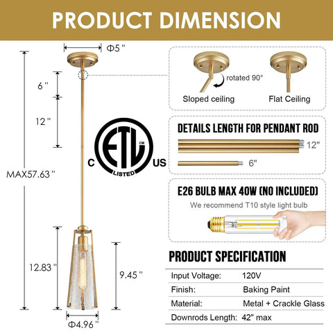 Diagram showing dimensions and installation options for Gold Glass Pendant Light Set Of 3 With Crackle Glass Shades, gold finish.