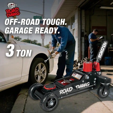 3 Ton Aluminum Off Road Floor Jack With Big Wheel System For Rough Terrain And Heavy Duty Hydraulic Lift Up To 6000 Lbs Capacity For Trucks SUVs And ATVs Portable Professional Jack