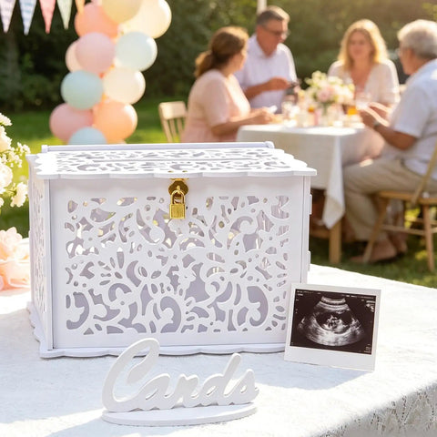 Slick White Silhouette Wedding Card Box With Lock And Slot, floral envelope holder at outdoor reception table.