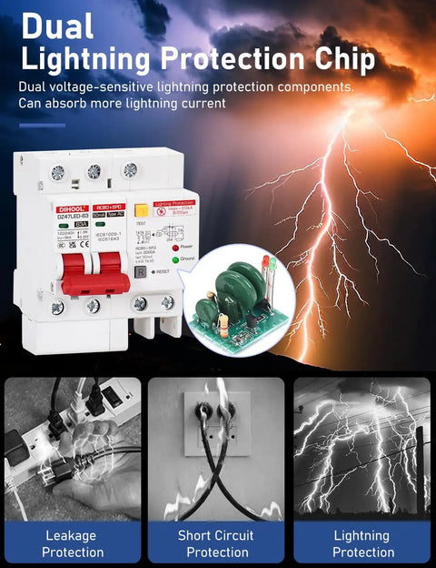 Heavy Duty Ground Fault Circuit Breaker With Surge Protection For DIN Rail Mount Two Pole 63 Amp 120V To 240V AC Leakage Trip 30mA Short Circuit Protection And Circuit Isolation with dual lightning protection