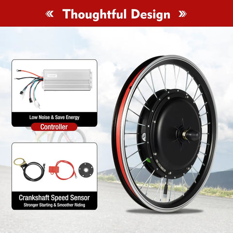 1000W 48V Front Wheel Hub Electric Bike Conversion Kit With LED Display Waterproof 20 Inch E Bike Hub Motor PAS System Controller And Thumb Throttle For Powerful Street Ready Build shown with components on a road background