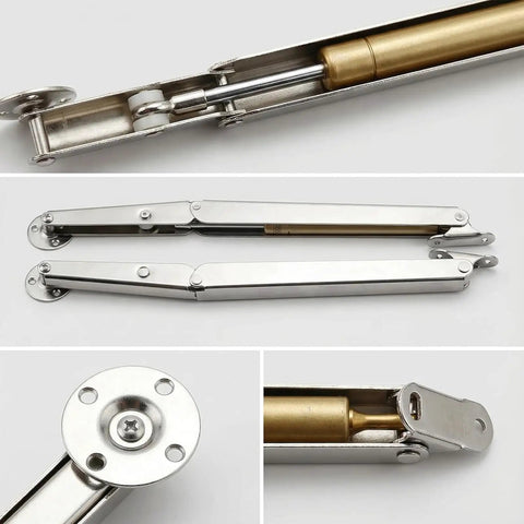 2 Pack 150N Gas Strut Hinges with No Slam Soft Close Hydraulic Support in heavy duty steel, close-up views of hinges