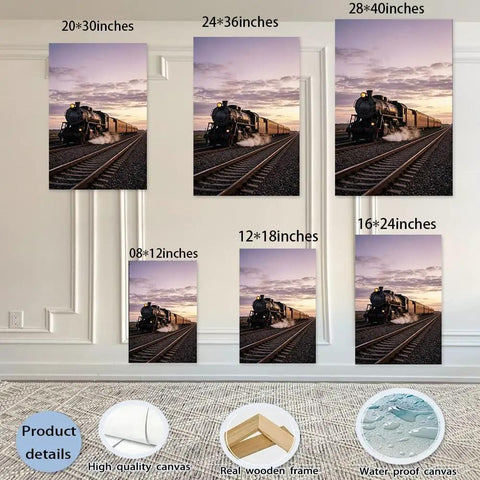 Steam Train Canvas Wall Art Retro Locomotive Poster framed and unframed in various sizes with sunset palette on display wall