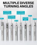 Eight Piece Lathe Tool Set With Three Eighths Inch Shank For Turning Boring Grooving And Threading Includes Eighty Degree Right And Left Sixty Degree Right And Left Tools A Boring Bar Internal And External Threading Tools And External Grooving Tool displayed.