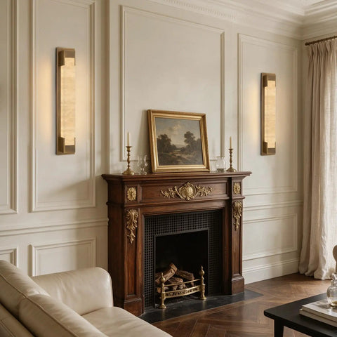 Elegant LuminaBrass Alabaster Wall Sconce on a wall, solid brass lighting complementing vintage decor.