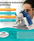 Scientist examining sample under microscope with NSF certification text, related to Three Pack NSF 401 Certified Refrigerator Water Filter And LT120F Air Filter Replacement For LT1000P LT1000PC And LFXS26973S Models 9980 Series Kenmore Elite Compatible.