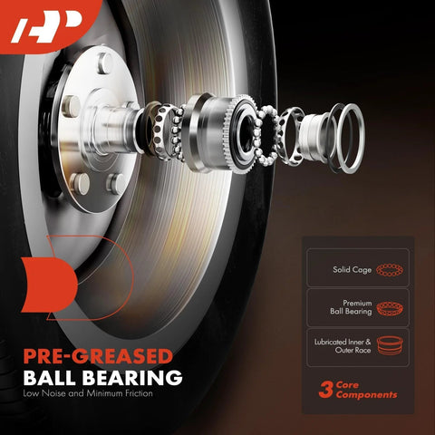 Exploded view of Pair Front Wheel Bearing And Hub Assembly With ABS Compatible With Jeep Wrangler 2007 2010 5-Lug 4-Wheel ABS