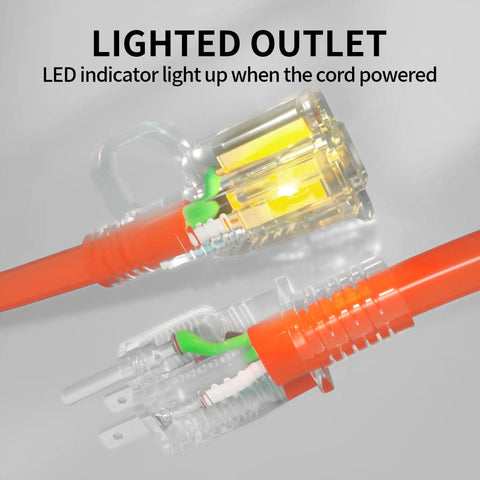100 Ft 12/3 Outdoor Extension Cord Waterproof Heavy Duty With Lighted End, 12 Gauge 3 Prong Power Cable close-up with LED light