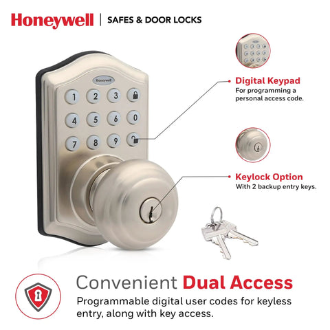 Keyless Entry Smart Door Knob Lock With Digital Keypad, auto lock, 50 user PIN codes, satin nickel finish shown with keys