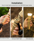Go-To Rugged Outdoor Camping LED Lantern With Mini Tripod Dimmable USB Powered Soft Light assembly on beige lamp.